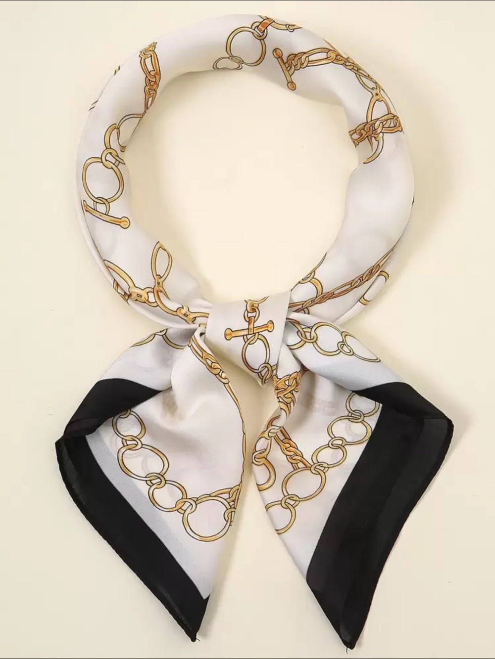 Silk-Feel White & Gold Chain Print Scarf with Black Border